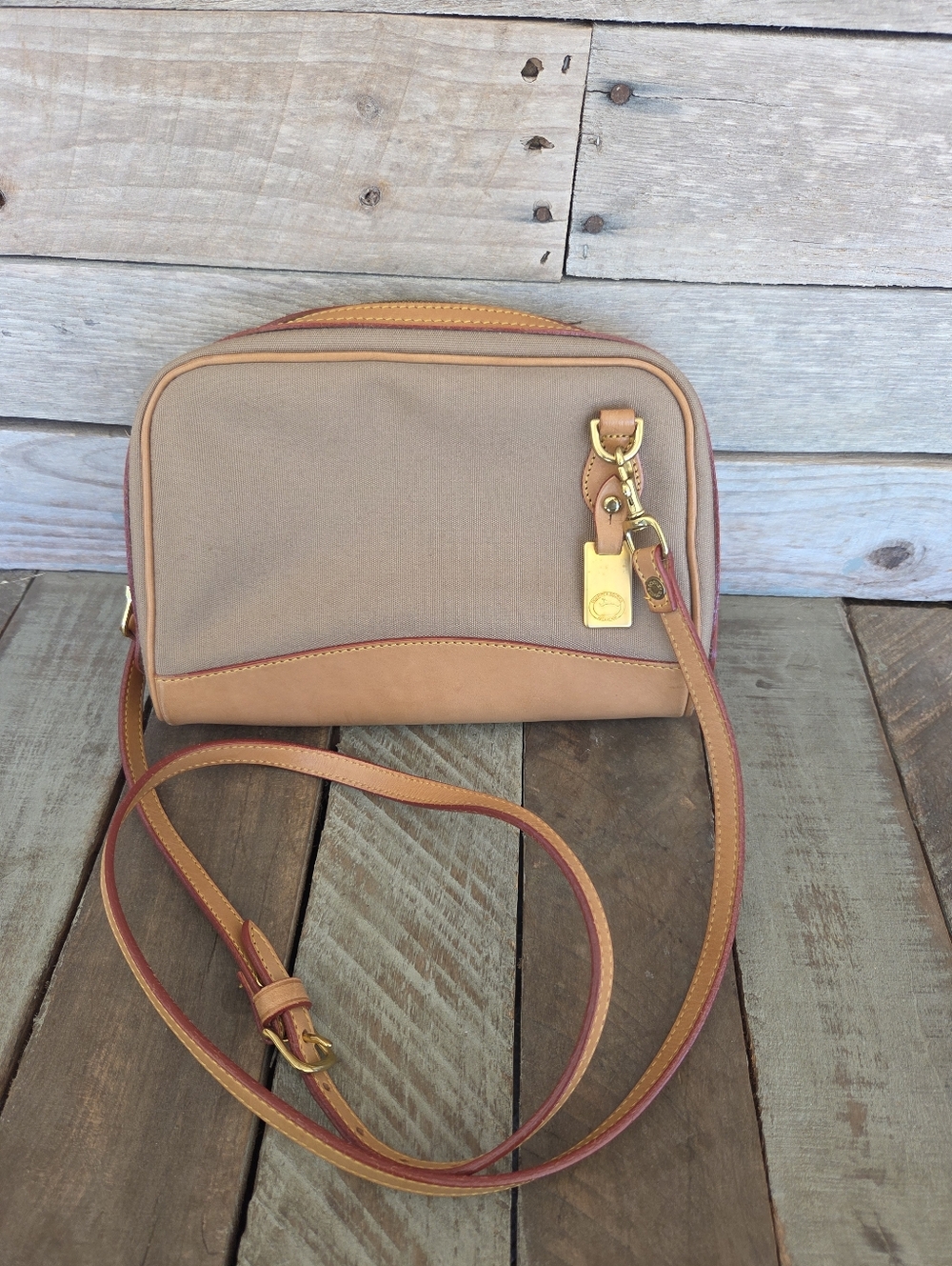 Canvas and Leather Crossbody Bag in Beige and Tan